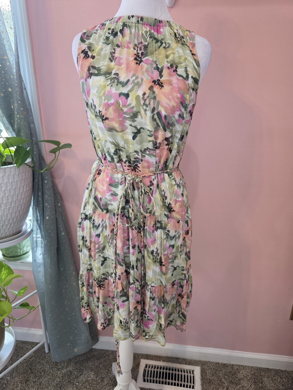 Bella Dahl Watercolor Floral Midi Dress Size S Tiered Ruffle Tie Belt
